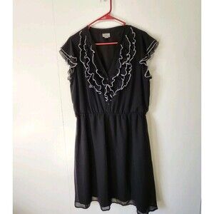 Worthington Black Ruffled V-Neck Dress 16 White Trim Flutter Tiered Whimsigoth